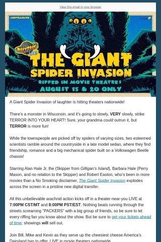 RiffTrax and The Giant Spider Invasion meet in theaters this August!