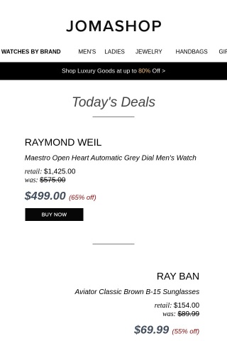 ? 24 HRS: Raymond Weil Open Heart Automatic Watch 65% Off | Ray Ban Sunglasses $70 | Lucien Piccard Watch $35