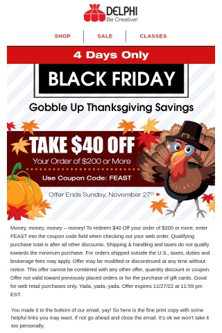 Gobble Up These Deals! $40 Off Your Order