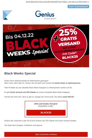 Black Weeks Special: 25% auf Black Weeks Produkte