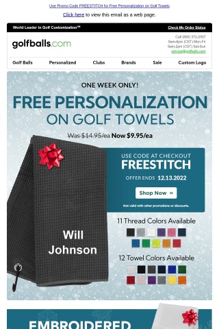 Free Personalization on Golf Towels from $9.95 - Choose from 10 Colors & Multiple Styles, One Week Only