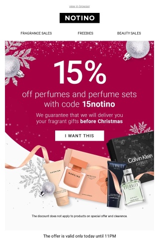 15% discount on all perfumes with guaranteed delivery by Christmas.