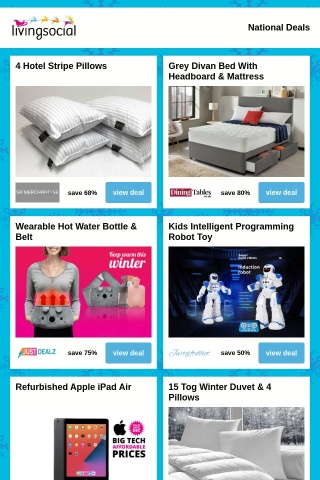 4 Hotel Stripe Pillows | Grey Divan Bed With Headboard & Mattress | Wearable Hot Water Bottle & Belt | Kids Intelligent Programming Robot Toy | Refurbished Apple iPad Air