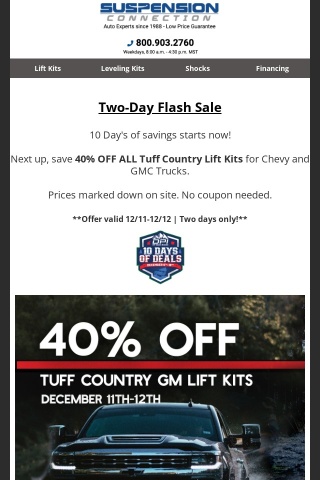Two-Day Flash Sale! Save 40% off Tuff Country Lift Kits for Chevy and GMC Trucks!