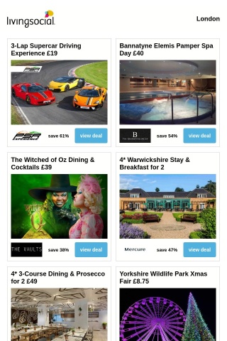 3-Lap Supercar Driving Experience £19 | Bannatyne Elemis Pamper Spa Day £40 | The Witched of Oz Dining & Cocktails £39 | 4* Warwickshire Stay & Breakfast for 2 | 4* 3-Course Dining & Prosecco for 2 £49