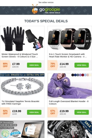 Waterproof Touch Screen Gloves £7.99 | 9in1 Smartwatch + Heart Rate Monitor £14.99 | Oversized Blanket Hoodie £19.99 | Divan Bed & Memory Foam Mattress £39.99 | Electric Heated Airer