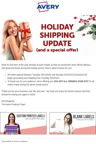 Holiday Shipping Update (and a special offer)