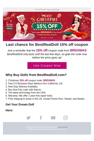 Notice: Last chance for BestRealDoll 15% off coupon
