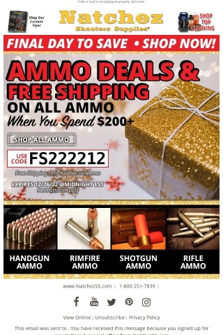 Final Day for Ammo Deals & Free Shipping on All Ammo