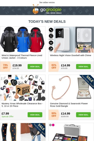 Wind & Waterproof Jacket £19.99 | Wireless Video Doorbell £14.99 | Mystery Xmas Clearance Box £7.99 | Knee High Self-Heating Socks £4.99 | 2in1 Super Bright Torch & Tool Kit £14.99