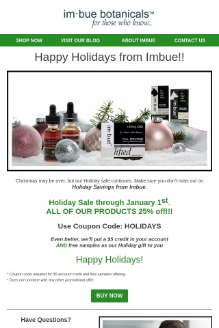ENDING SOON! Holiday Sale 25% off ALL IMBUE CBD PRODUCTS