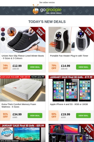 Fleece Lined Boots REDUCED TO CLEAR! £12.99 | Portable Fan Heater £14.99 | iPhone 4 and 5S £19.99 | Acer Chromebook 88% OFF | Swarovski Tri-Set | Sensor Light Hair Remover £7.99