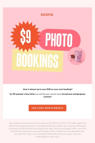 ⚠️ FINAL HOURS: save $30 on your photo or video shoot!! ⚠️