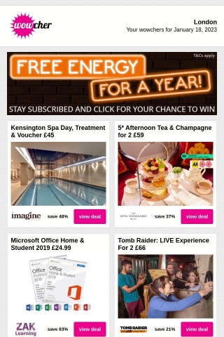Kensington Spa Day, Treatment & Voucher £45 | 5* Afternoon Tea & Champagne for 2 £59 | Microsoft Office Home & Student 2019 £24.99 | Tomb Raider: LIVE Experience For 2 £66 | Cotswolds: Dinner, Tea & Cakes for 2
