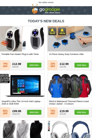 Plug-In Heater + Timer & Remote NOW £12.99 | Heavy Furniture Lifter £12.99 | SmartPro Ultra Thin Laptop £99 | Wireless Air Pros Headphones £9.99 | Non-Contact Thermometer £9.99