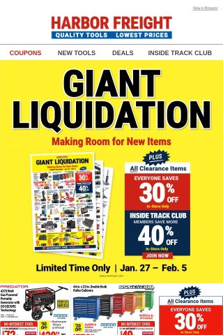 SAVE BIG! The GIANT LIQUIDATION SALE IS HERE! Plus, 30% Off Clearance Products!