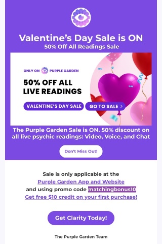Spread The Love with Valentine's Day Sale on Purple Garden 50% off all Psychic Readings