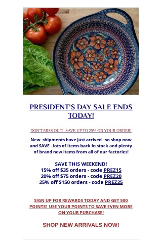 PRESIDENT'S DAY SALE ENDS TODAY - SAVE UP TO 25% ON YOUR ORDER TODAY