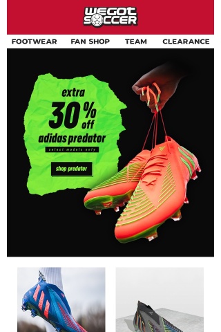 Extra 30% Off Select adidas Predator Cleats!