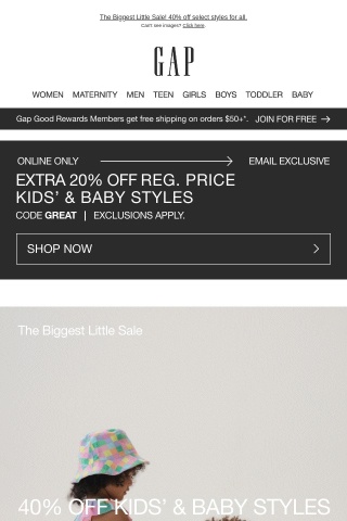 YAY! You're getting 40% OFF + an EXTRA 20% for kids & baby 👏