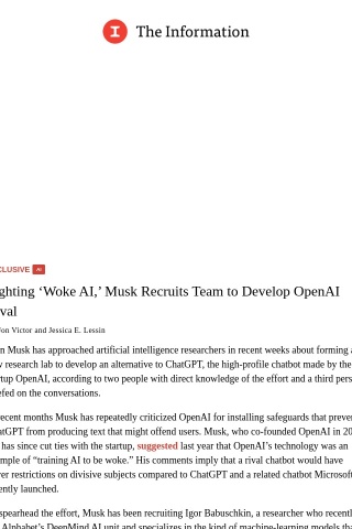 Exclusive: Fighting ‘Woke AI,’ Musk Recruits Team to Develop OpenAI Rival