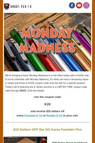Monday Madness - $20 Off