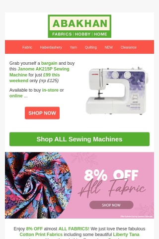 £99 Janome Sewing Machine Offer | 8% OFF Cotton Fabrics