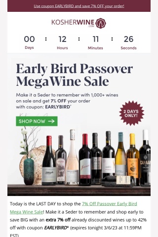 [Ends Tonight] 7% Off Passover Early Bird Sale (Coupon Inside)🍷🫓