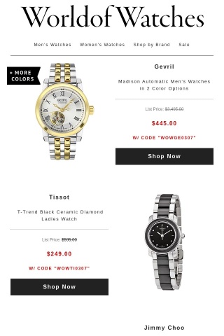 ⏳HANDPICKED DEALS: Extra $326 Off MontBlanc · $289 Off Gevril · $124 Off Tissot · Jimmy Choo Sunglasses $69  + More!