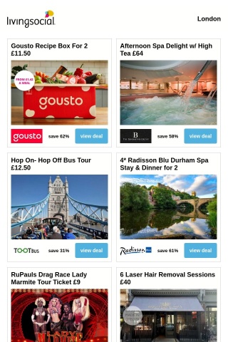 Gousto Recipe Box For 2 £11.50 | Afternoon Spa Delight w/ High Tea £64 | Hop On- Hop Off Bus Tour £12.50 | 4* Radisson Blu Durham Spa Stay & Dinner for 2 | RuPauls Drag Race Lady Marmite Tour Ticket £9