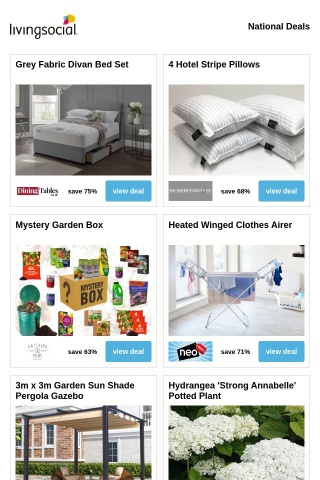 Grey Fabric Divan Bed Set | 4 Hotel Stripe Pillows | Mystery Garden Box | Heated Winged Clothes Airer | 3m x 3m Garden Sun Shade Pergola Gazebo
