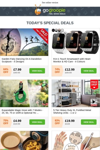 ONLY £7.99! Dancing Garden Fairy | 9-in-1 Smartwatch £12.99 | Expandable Magic Hose £4.99 | Arthritic Gloves £4.99 | Giant Twin Parasol NOW 60% OFF | Air Fryer Liners £4.99 | 5pc Rattan