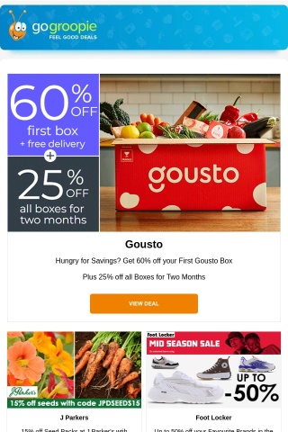 50% off at Foot Locker & Dorothy Perkins | 7 Nights Holiday from £231pp | 60% off your 1st Gousto Box