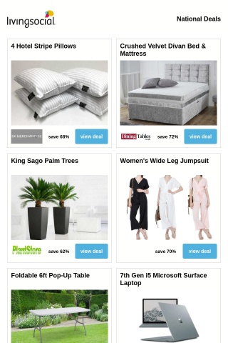 4 Hotel Stripe Pillows | Crushed Velvet Divan Bed & Mattress | King Sago Palm Trees | Women's Wide Leg Jumpsuit | Foldable 6ft Pop-Up Table