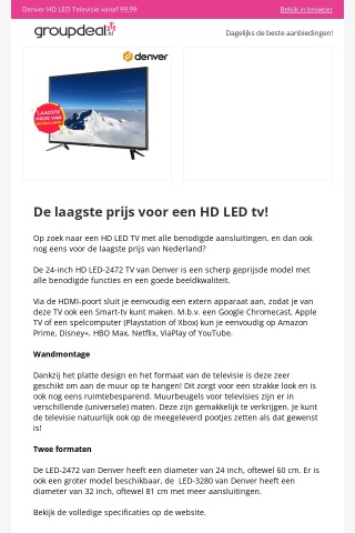 De goedkoopste HD LED TV van Nederland! Nu vanaf €99,99