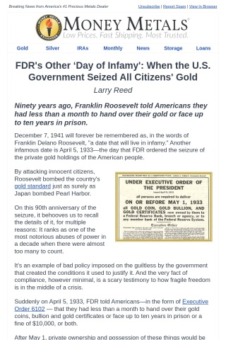 FDR's Other ‘Day of Infamy': When the U.S. Seized All Citizens' Gold