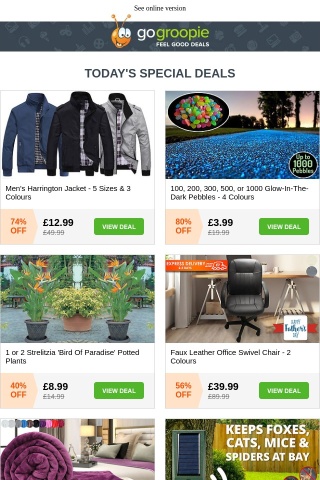 SELLING OUT! Harrington Jacket £12.99! | Glow-In-The-Dark Pebbles £3.99 | Solar Animal Repellent £9.99 | Faux Leather Office Chair £39.99 | Super Soft Throw Blanket £4.99 | 4 XL Towels £19.99