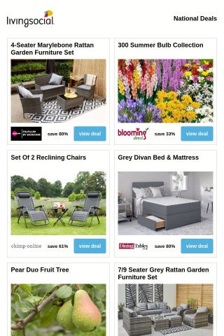 4-Seater Marylebone Rattan Garden Furniture Set | 300 Summer Bulb Collection | Set Of 2 Reclining Chairs | Grey Divan Bed & Mattress | Pear Duo Fruit Tree