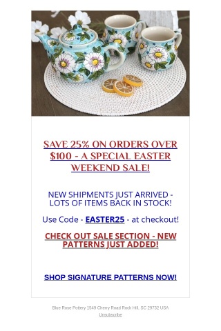 EASTER WEEKEND SPECIAL - SAVE 25% ON ORDERS OVER $100