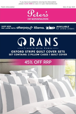 45% off RRP - Rans Oxford Stripe Quilt Cover Sets