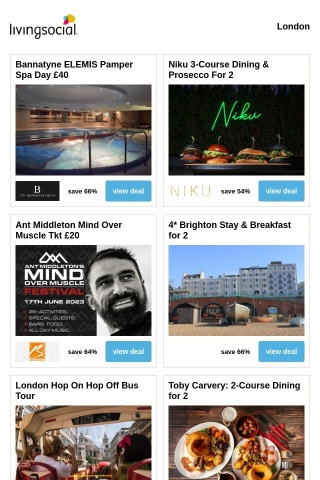 Bannatyne ELEMIS Pamper Spa Day £40 | Niku 3-Course Dining & Prosecco For 2 | Ant Middleton Mind Over Muscle Tkt £20 | 4* Brighton Stay & Breakfast for 2 | London Hop On Hop Off Bus Tour