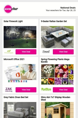 Solar Garden Firework Light - 3 Colours & 3 Sizes | 9-Seater Rattan Garden Furniture Set with Fire Pit Table | Microsoft Office 2021 - Home & Business or Professional Plus | Spring Flowering Plants Mega Bundle - 60 Plants | Grey Divan Bed Set with Headboard & Memory Sprung Mattress