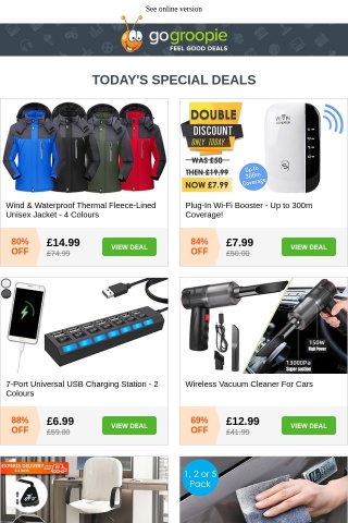 Thermal Fleece Lined Jacket £19.99 | 300m WiFi Booster £7.99 | Wireless Car Vacuum Cleaner £12.99 | GPS Tracker Key Ring £3.99 | XL Storage Box £39 | Scratch Repair Nano Cloths £3.99