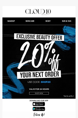 20% OFF beauty fix? Act fast 🔥 Code valid for 24 hrs 🛒🏃‍♀️