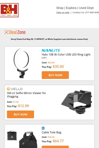 Today's Deals: Nanlite Halo 10B Bi-Color USB LED Ring Light, Vello Selfie Mirror Viewer for Vlogging, Porta Brace Cable Tote Bag, Polsen Passive Stereo Volume Controller for Powered Speakers and more