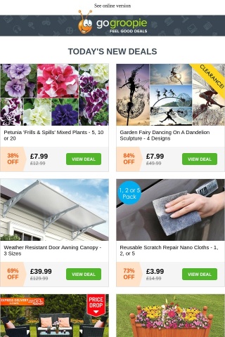 🌺 Petunia Frills & Spills Plants £7.99 | Dancing Garden Fairy £7.99 | Weather Resistant Canopy | 4pc Rattan Sofas + Table £99 | Scratch Repair Nano Cloths £3.99 | XL Wooden Planters £14.99