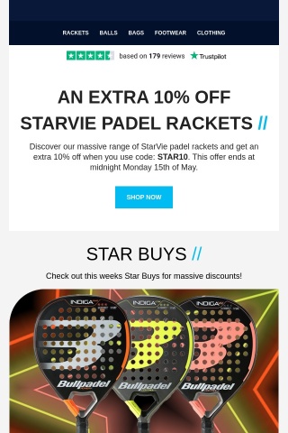 An extra 10% off Starvie padel rackets