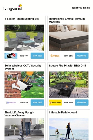 4-Seater Rattan Seating Set | Refurbished Emma Premium Mattress | Solar Wireless CCTV Security System | Square Fire Pit with BBQ Grill | Shark Lift-Away Upright Vacuum Cleaner