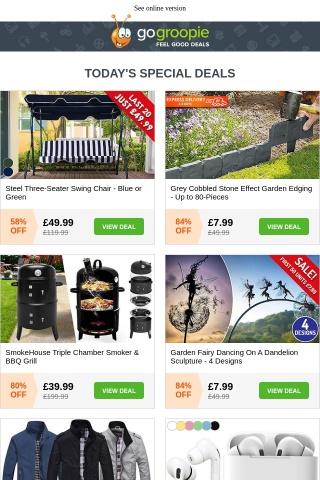 Steel Swing Chair ONLY 20 LEFT AT £49! | Wireless Airs Pro Earbuds £9.99 | Triple Chamber BBQ Grill £39 | Gas Weed Burner £4.99 | XL Pop-Up Gazebo £49 | Air Cooler Fan £14.99
