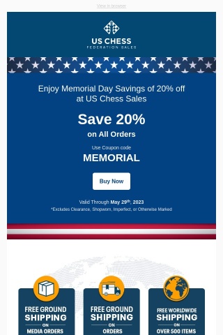 Enjoy Memorial Day Savings of 20% off at US Chess Sales